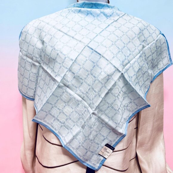 celine Accessories - New-Tag Lg Collect CELINE Paris Mini Scarf 23" Cotton Teal Blue Logo Printed (96